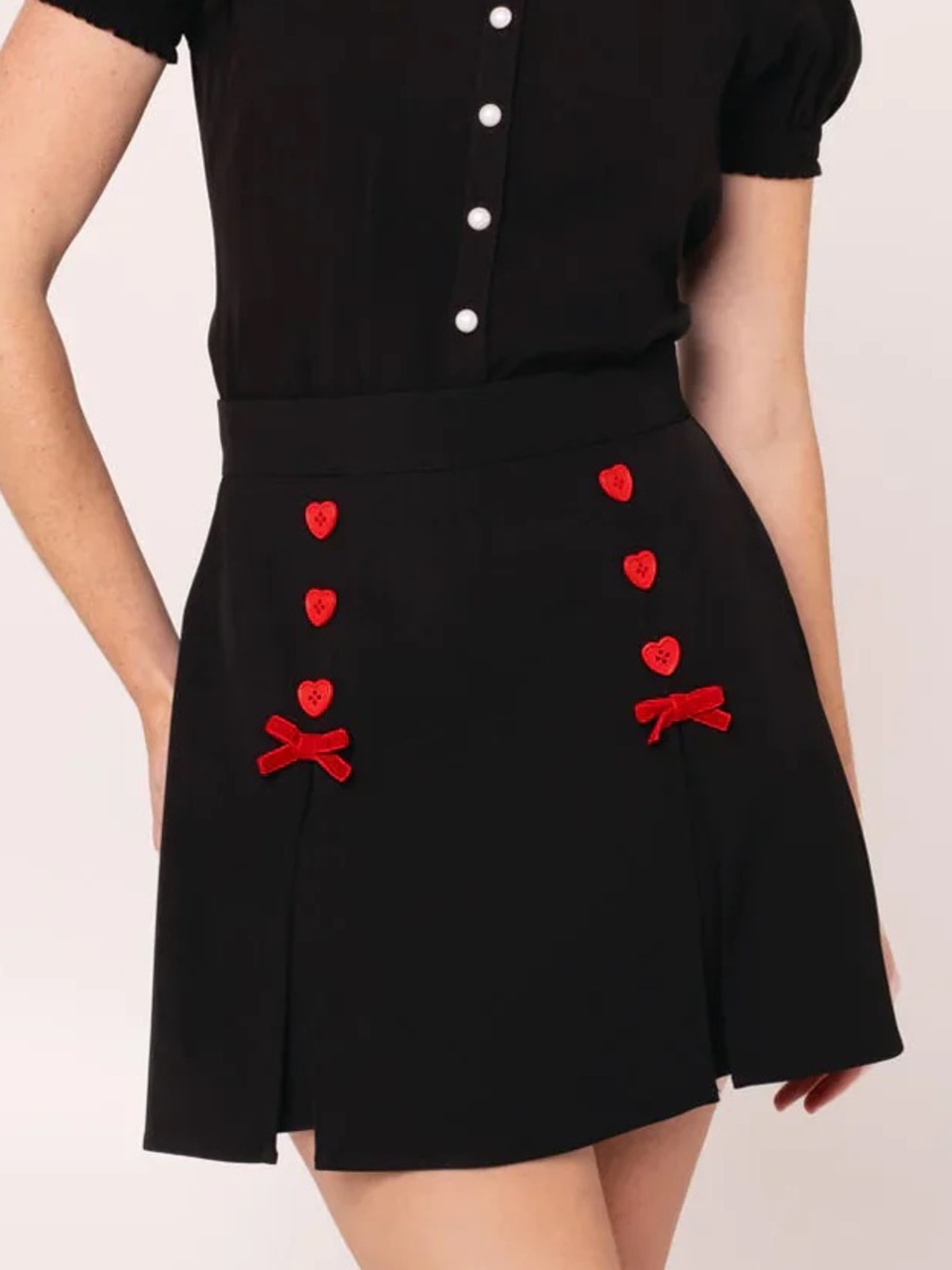 Hell Bunny Black Colleen Skort with Red Heart Buttons and Red Bows